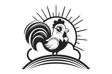Naklejka premium Stylish Rooster on Cloud Design Sunburst, Clean Vector, Black and White, Symbol