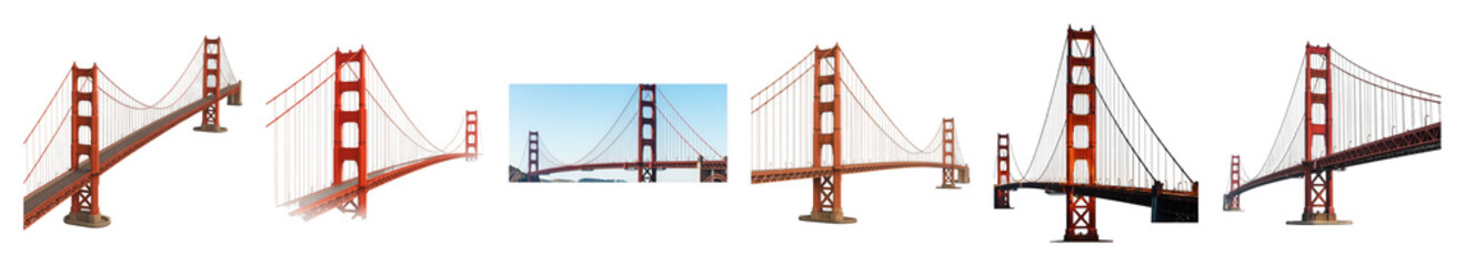Obraz premium Golden Gate Bridge set including various perspectives, day, and night views isolated. San Francisco travel and architecture collection.