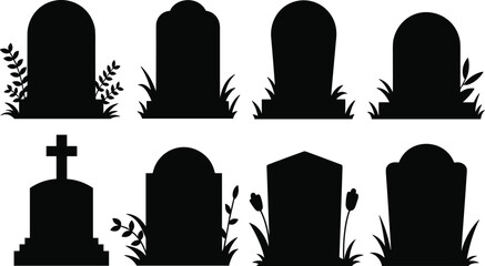 Collection of silhouette tombstones and gravestones with floral accents