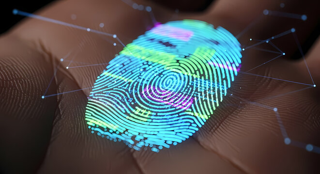 A vibrant, glowing digital fingerprint overlays a human hand, symbolizing advanced biometric security, personal identification, and data protection in a connected world.