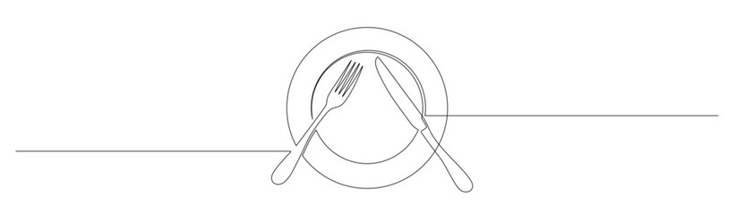 Continuous line art of a tableware set consisting of a plate, fork, and knife. This icon is for a restaurant sticker or banner. Vector illustration.   © mamat