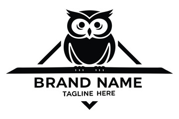 Stylized Black Owl Perched on Branch on White Background