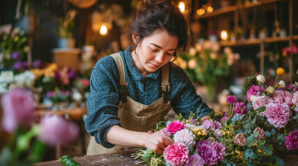 A florist carefully arranges vibrant flowers in a charming shop setting.