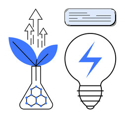 Plant growing in a lab flask, lightbulb with energy symbol, and air conditioner. Ideal for technology, green energy, science, sustainability, innovation eco-friendly designs clean energy. Simple
