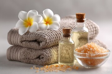 spa set with aromatic oils, sea salt, towels and frangipani flowers, concept of relaxation, body care and aromatherapy, natural ingredients for home spa