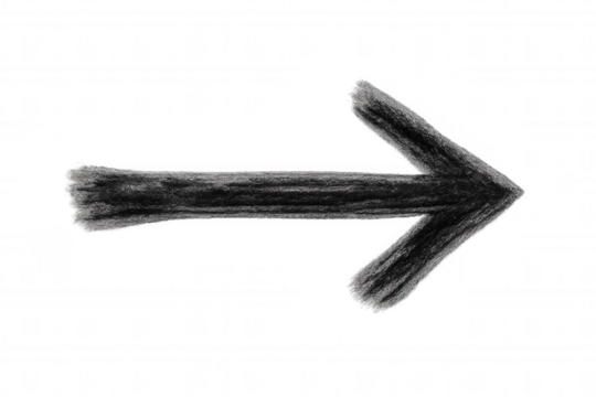 Black hand-drawn arrow pointing rightward, featuring textured design, positioned against transparent backdrop