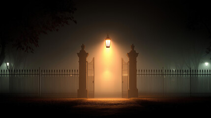 A mysterious gate shrouded in fog illuminated by a vintage lamp.