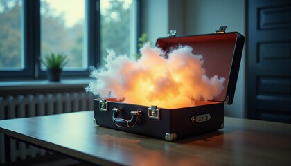 Briefcase opening with glowing storm cloud escaping out on an office desk setting in a creative surreal photo