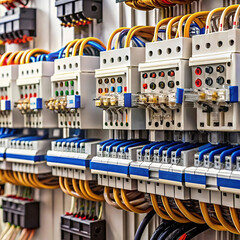 An open electrical panel featuring circuit breakers and wiring,