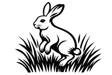 Stylized Rabbit Jumping in Grass Patch Design on White Background
