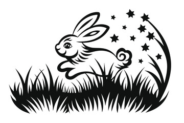 Stylized Rabbit Illustration, Sitting in Grass, on White Background