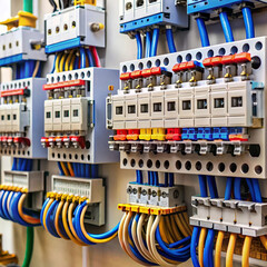 An open electrical panel featuring circuit breakers and wiring,