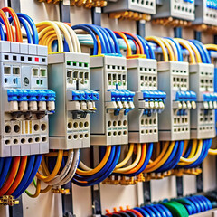 An open electrical panel featuring circuit breakers and wiring,