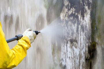 High-Pressure Washer Cleaning Wall with Mold and Dirt Removal