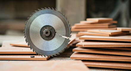 Circular saw blade rests on terracotta tiles