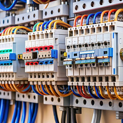 An open electrical panel featuring circuit breakers and wiring,
