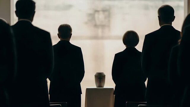 A solemn ceremony. with a view of a cremation urn surrounded by people in mourning attire.