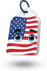 Cheerful illustrative tag depicting the United States flag, featuring a smiling cartoon face, symbolizing national pride and quality