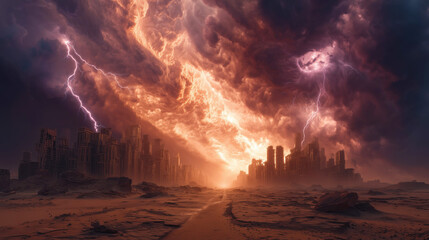 Dramatic landscape showcasing apocalyptic skies and lightning over desolate ruins.