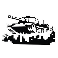 Obraz premium Tank Over Cityscape Silhouette Art on White Background, Army Tank Design