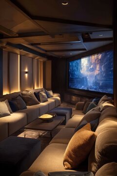  A penthouse suite with private cinema room. Guests watch a film in plush seating. The mood feels relaxing and indulgent, Generative AI