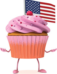 Cute cupcake character wearing a pink frosting hat and holding the American flag, perfect for patriotic celebrations and party themes