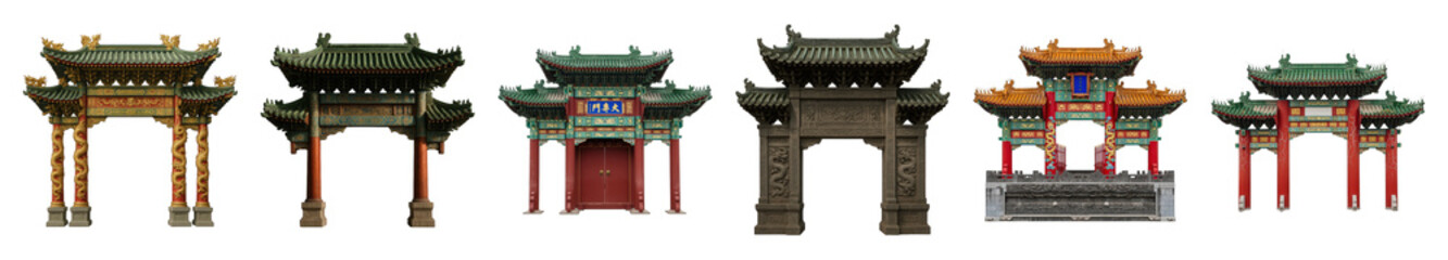 Fototapeta premium Traditional Chinese gate set including seven distinct traditional and ornate styles isolated. Cultural heritage and Asian design collection.