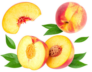 Top-Down View of Halved Peach with Leaves, isolated on transparent background.