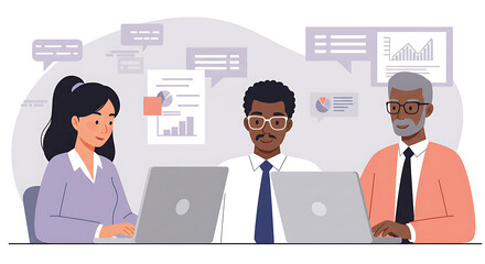 A team of diverse business people, including men and women, collaborate at their computers in a modern office, leveraging technology and the internet for a productive meeting