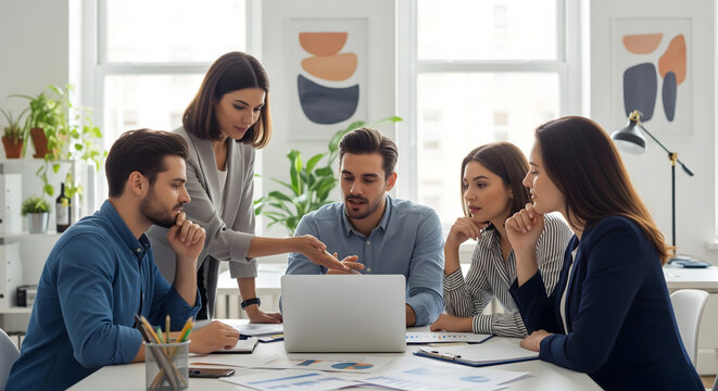 team meeting inside office with people reviewing marketing plan and analyzing performance reports using laptop data sheets and paperwork work and office life business activity photo