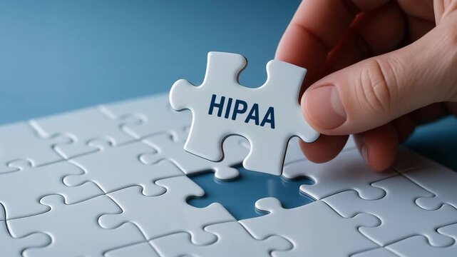Hand holding puzzle piece with HIPAA text, healthcare privacy, blue background, missing connection, solution, teamwork