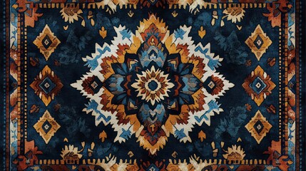 Intricate dark blue rug with floral and geometric patterns.