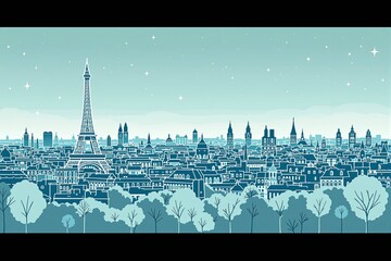 Illustration minimaliste de la Tour Eiffel et du paysage parisien 