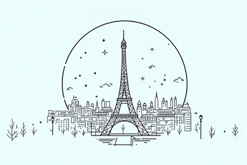 Illustration minimaliste de la Tour Eiffel et du paysage parisien 