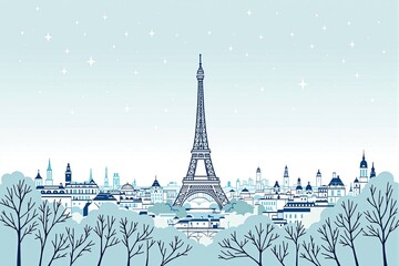 Illustration minimaliste de la Tour Eiffel et du paysage parisien 