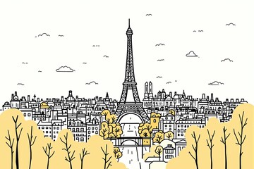 Illustration minimaliste de la Tour Eiffel et du paysage parisien 