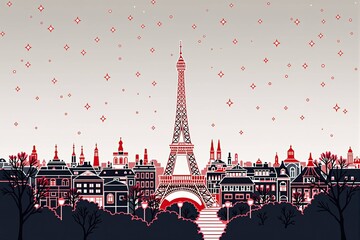 Illustration minimaliste de la Tour Eiffel et du paysage parisien 