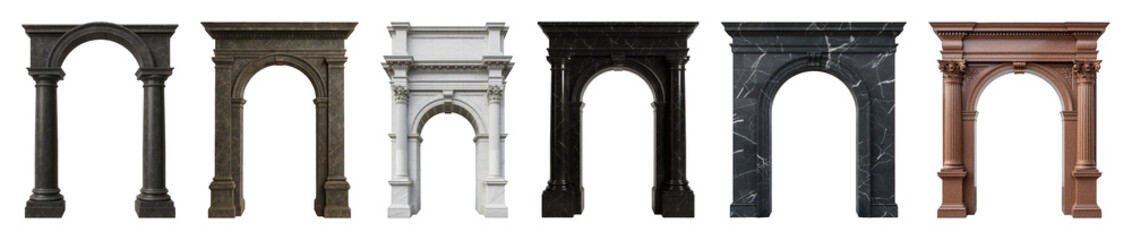 Architectural arch set including various marble, stone, classical, and ornate designs isolated. Home interior and building elements.