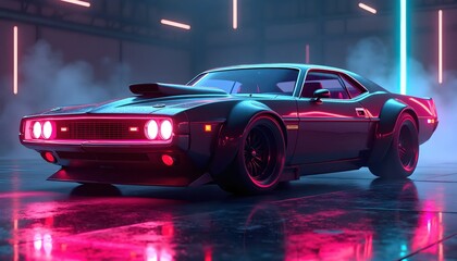 Stylish Retro Futuristic Muscle Car Design with Neon Cyberpunk Colors