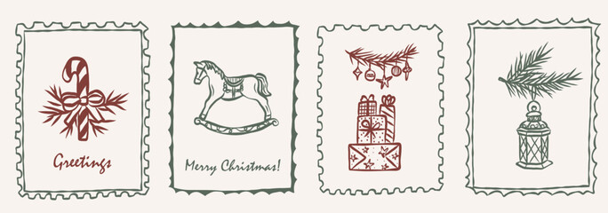Whimsical retro hand drawn Christmas stamps