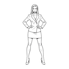 Fashion illustration of a stylish businesswoman in a modern suit. Black and white line art sketch of a confident woman in a blazer and skirt for a coloring page.
