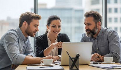 coworkers working on business proposal using laptop paperwork sharing ideas and strategies in collaborative modern office workspace environment work and office life business activity photo