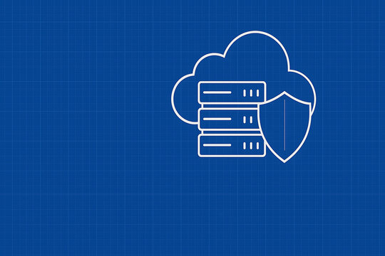 White outline illustration of cloud computing, server stack, and security shield on a blue grid background, symbolizing data protection and digital infrastructure.