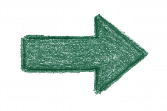 Green crayon arrow pointing to the right, sketched on a transparent background, ideal for educational or business presentations