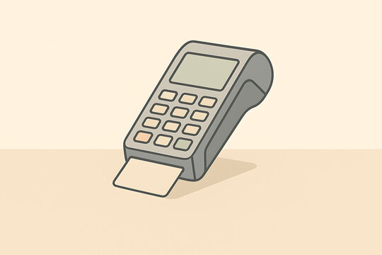 Illustration of a grey payment terminal with a credit card inserted, used for financial transactions at a point of sale.