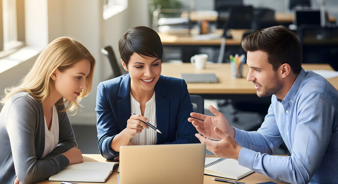 diverse team sitting at desk discussing new ideas and project goals with laptop and printed documents in meeting room work and office life business activity photo