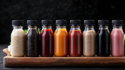 Overhead View of Assorted Squeeze Bottles with Colorful Sauces