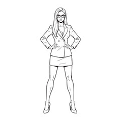 Fashion illustration of a stylish businesswoman in a modern suit. Black and white line art sketch of a confident woman in a blazer and skirt for a coloring page.
