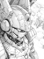 Awesome Robot in the future city. Futuristic cyborg coloring page book for kids and everyone.