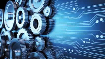 A close up of metal gears and a circuit board in a blue and black color scheme design concept 